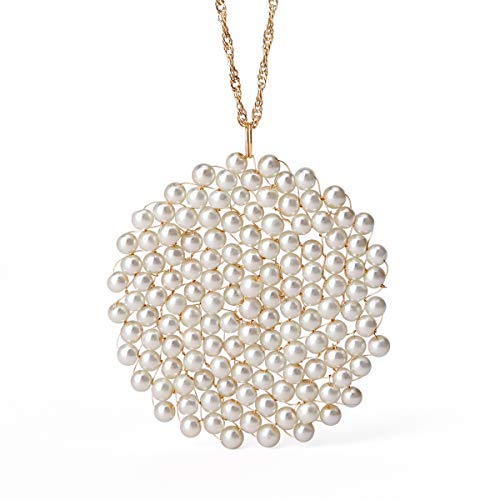 Niumike Handmade Crystal Circle Pendant Necklace for Women Disk Long Statement Necklaces with Box (Cream)