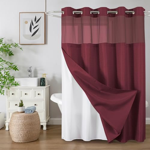 Colorful Star No Hook Waffle Shower Curtain with Snap in Fabric Waterproof Shower Curtains with See Through Top Window Hotel Luxury Heavy Duty Bathroom Curtain and Liner Set 72 x 75 Burgundy