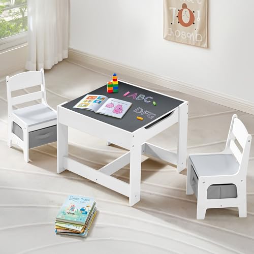 CuFun Kids Table and Chairs Set, 4 in 1 Wooden Kids Table with Reversible Tabletop, Children...