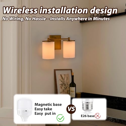Image of Battery Operated Double Wall Sconce,Rechargeable Battery Powered Vanity Lights,Cordless No Wiring Dimmable Double Sconce with Remote Control for Bedroom Living Room