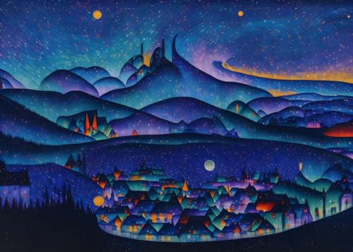 Poster mural toile Meechi village nuit lune 50x70cm