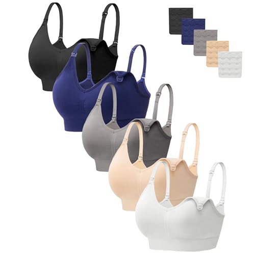 HBselect 5 Pack Womens Nursing Bras, Seamless Maternity Bras Breastfeeding Bra, Pregnancy Sleep Bralette, 5pack(Black/White/Nude/Grey/Navy Blue), Medium
