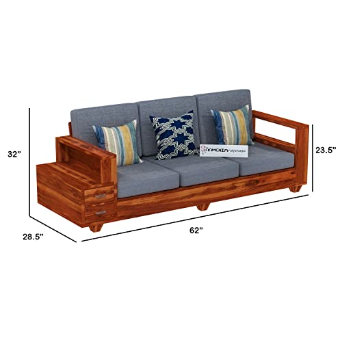 Image of Sheesham Wood 5 Seater Sofa Set with 2 Drawer Storage | 3+1+1 Wooden Sofa Set Furniture for Living Room Home Office (Honey Finish)