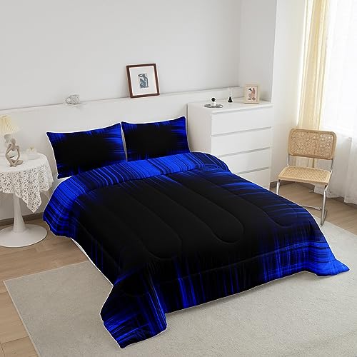 Image of Feelyou Blue and Black Bedding Set King Size, Geometric Artistic Smear Comforter Abstract Ombre Comforter Set Kids Toddler Gradient Lines Duvet Set Kids Room Decor Microfiber Bed Set