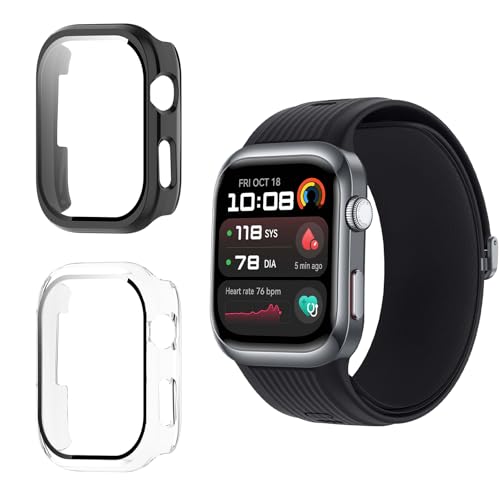 Funrae Custodia Compatibile con Huawei Watch D2 [2 Pezzi], Cover Protettiva Telaio Rigida PC [Con Vetro Temperato] HD Clear Anti-Graffio Protezione Case - Trasparente&Nero