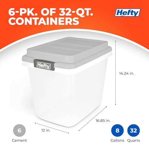 Hefty 32 Qt Hi-Rise Storage Bin with Lid, Stackable Plastic Storage Container, Organizer for Home, Garage & Closet, 6 Pack, Gray - image 2