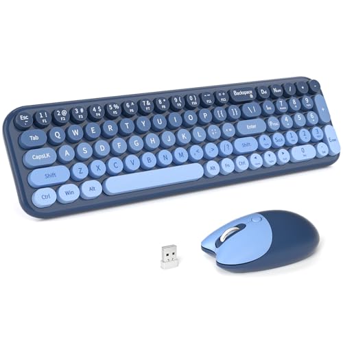 MOFII Wireless Keyboard and Mouse Combo Compact Typewriter Retro Round Computer Keyboard and Mouse Set Plug and Play for Windows Computer Desktop PC Notebook - (Sea Blue Gradient)