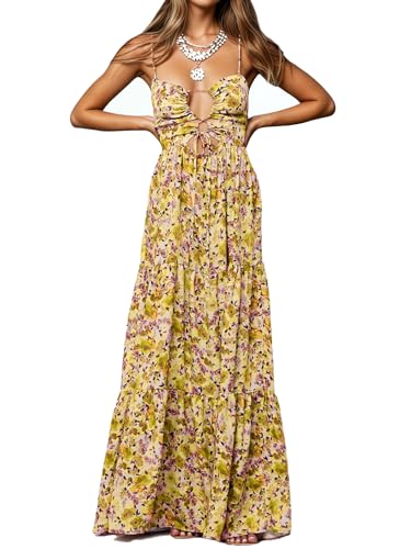 Image of Womens Summer Floral Spaghetti Strap Backless Low Cut Smocked Milkmaid Flowy Beach Sundresses