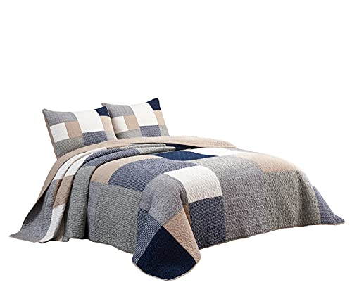 Chezmoi Collection Addy 3-Piece Navy Blue White Gray Taupe Plaid Patchwork Quilt Set - Pre-Washed Cotton Coverlet - Lightweight Reversible Bedspread, Queen Size #TOP7