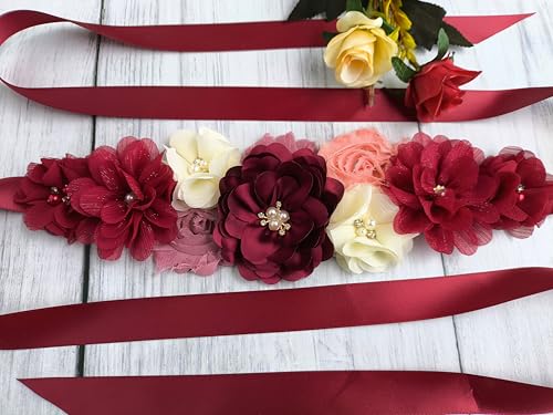 Maternity Flower Sash Belt Wine Red,Flower Sash for Pregnancy, Burgundy Belts Women for Dress3