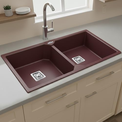 Image of ARQUIN Double Bowl Quartz Kitchen Sink 45x20x9 Inch Brown | Durable & Scratch-Resistant Sink | Undermount,Topmount | Including Coupling,Sink Connector,Waste Pipe & Fruit Washing Basket