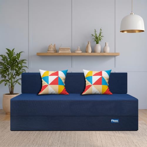 Image of Starlon 3 Seater Foldable Sofa Cum Bed 3-in-1 with 2 Geometrical Pattern Pillows, Washable Jute Fabric Cover, Space Saving Guest Bed, Pre-Assembled Royal Navy Blue 5x6.25 Ft