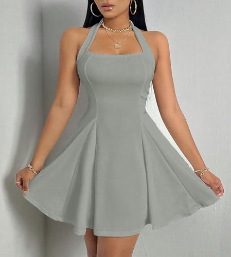 Image of PerZeal Women's Summer Halter Dress Backless Mini Beach Party Dress Sleeveless A-Line Sundress Casual Club Dress