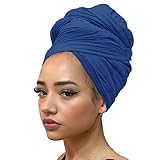 Kachanaa Stretch Turbans Head Wraps Jersey Hijab Scarves Solid Color Knit Hair Scarf Fashion Long Plain Muslim Shawls Headbands for Black Women(Denim Blue)