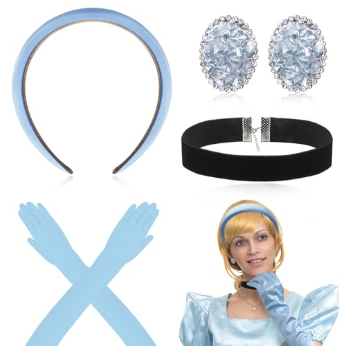 Orphh Lot 4 costumes princesses filles-femmes Accessoire Halloween Bandeau satin bleu Gants ras cou Boucles oreilles femme Déguisement