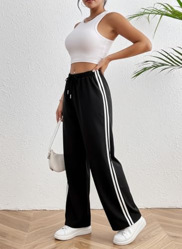 Image of dockstreet Straight Long Length Trouser Style Drawstring Contrast Belt Black and White Trackpant for Women /Trending, Relaxed Casual Lowers for Women