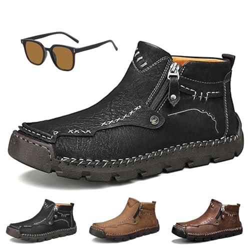 Stepthetop Motorcycle Boots (Hand-Stitched Genuine Leather Boots) (Wide Toe, Waterproof, Anti-Slip) Suitable for Work, Driving, Hiking