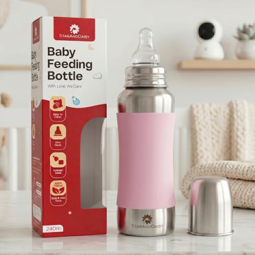 Image of StarAndDaisy Baby Milk Bottle for new Born /Infant /Toddler 240 ML SUS 304 Steel Baby Feeding Bottle for 0+ Months, BPA Free Leakproof, Anti Colic, Easy to Clean (Pink-240 ML)