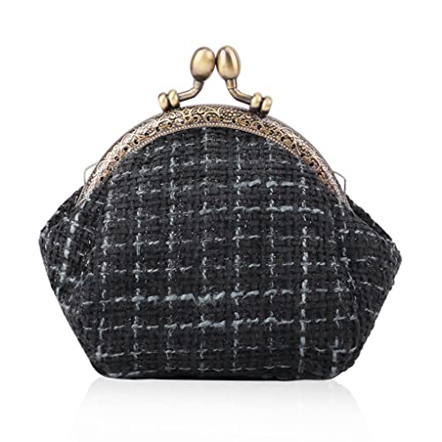 Oyachic Tartan Coin Purse Vintage Kiss Lock Change Pouch Wallet Small Embroidery Money Cosmetic Bag Car Coin Holder for Women Ladies