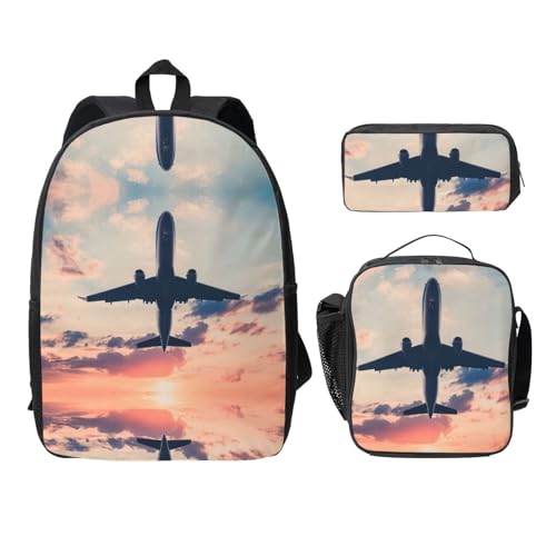 Sac à dos imprimé avion ciel et boîte repas avec trousse d'école pour garçon