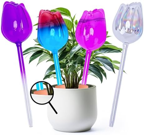 Plant Watering Globes Tulip,4Pcs Glass Non Clogging Self Watering Globes,Self Watering Planter Insert with Watering Spikes,Plant Watering Devices for Vacation,Watering Bulbs for Indoor&Outdoor Plants