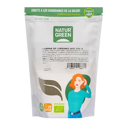 NaturGreen - Harina de Cáñamo 300 g, 100% Semillas de Cáñamo Molidas, Fuente de Proteína y Fibra, Ecológica, Vegana, Sin Gluten, Para Smoothies, Repostería o Panes