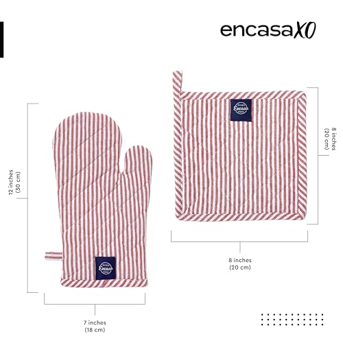 Image of Encasa XO Heat Resistant 100% Cotton Oven Glove & Potholder Set with Loop, Kitchen Cooking Mittens, Microwave Safe Hot Pads (Ticking Red)