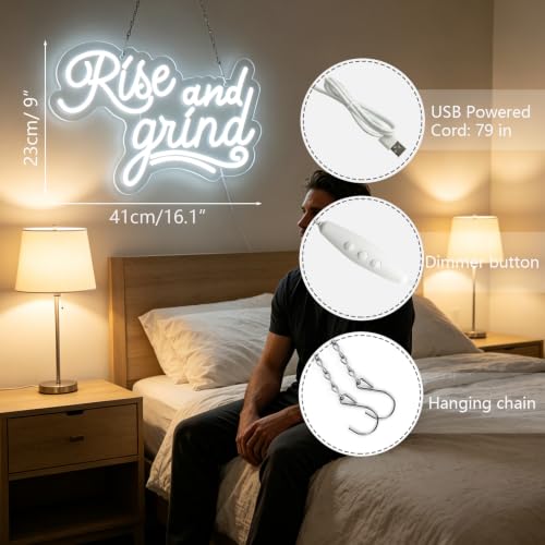 Image of Rise and Grind Neon Signs for Wall Decor Neon Lights for Bedroom Led Business Signs Suitable for Man Cave Bar Pub Restaurant Christmas Gift Art 5V Power Adapter 16.1 * 9Inch(White)