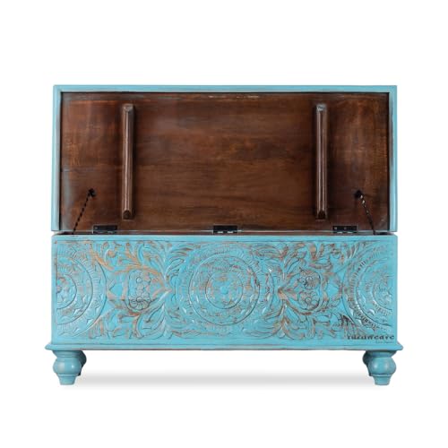 Image of Natura Solid Wood Coffee Table for Living Room Wooden Trunk Box for Storage | Handcrafted Center Table for Living Room with Sandook Storage | Pitara for Home and Bedroom (Blue Distress)