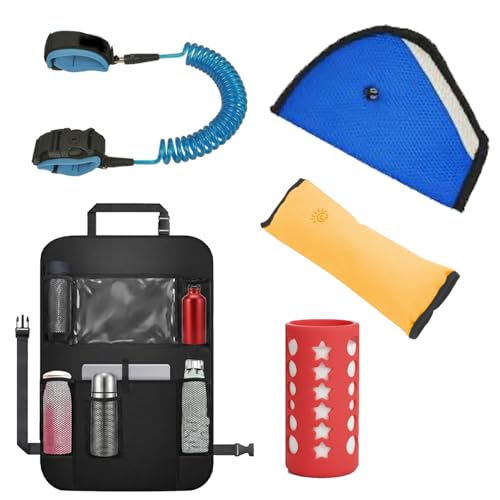 Image of Safe-O-Kid Car Travel Comfort Combo | 1 Anti-Lost Wrist Link, 1 Car Kick Mat, 1 Car Seat Belt Holder, 1 Baby Neck Support Pillow & 1 Feeding Bottle Cover | Baby Travel Safety for Kids - Assorted