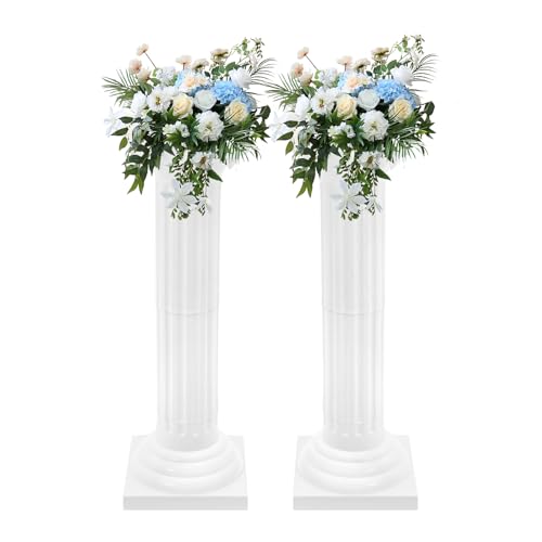 2PCS White Roman Columns Set Columns and Pillars Wedding Hollow Pillars Flower Stand for Wedding Party Event Decor 35 Inch White Plastic Pillar Event Party Decorative Column (2Pcs Plain Column)