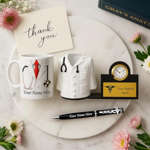 Image of ncgifts Personalized Doctors Desk Gift Set | Customized Doctor Pen, Fiber Pen Stand with Watch & Ceramic Coffee Mug | Unique Doctor Gifts for Clinic, Office & Personal Use