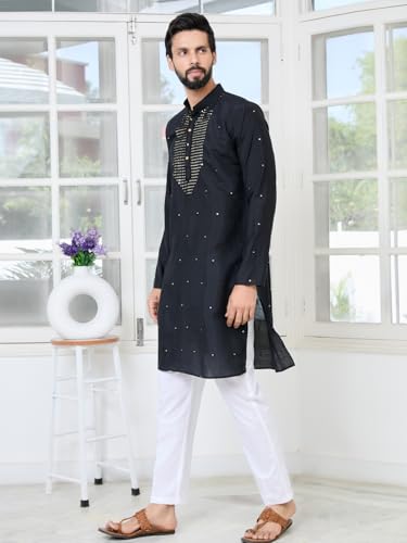 Image of See Designs Men's Full Sleeve Mandarin Collar Sequins Embroidered Chanderi Straight Long Kurta with Yoke Design - Festive Collection