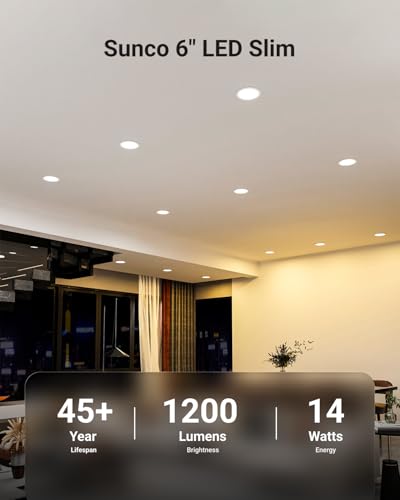 Image of Sunco Recessed Lighting 6 Inch LED, Canless Ceiling Lights Slim with Junction Box, 1200 LM, 14W (100W Equivalent), 5000K Daylight, Dimmable, Wafer Thin, 50000 Lifetime Hours ETL 2 Pack