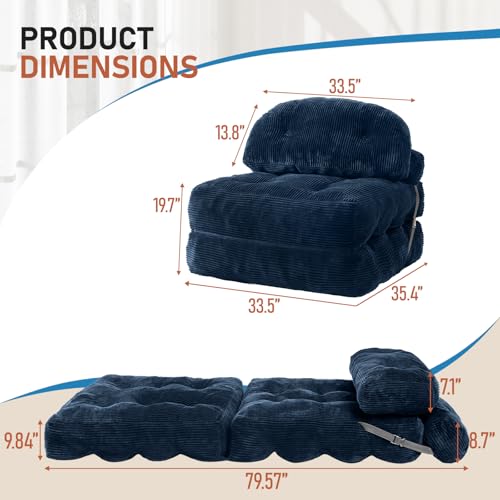 Image of Folding Sofa Bed, Convertible Sleeper Chair with Back Support and Pillow | Boneless Foldable Couch for Living Room /Guest Use /Home Office, Foldable Chair Bed for Adults, Navy