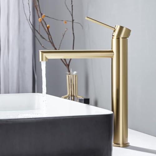 ONECE Robinet Vasque à Poser Doré, Mitigeur Haut pour Vasque, Robinet de Lavabo Haut Salle de Bains en Acier Inoxydable Résistant à l'usure, Mousseur Remplaçable, Or