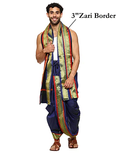 Image of Rameshwaram Fabrics Readymade Dhoti for Men, Velcro Style Stitched Mens Silk Dhoti Pant with Stole Set