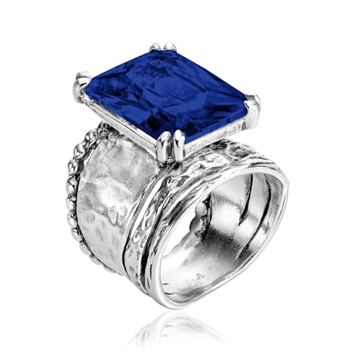 JEAN RACHEL JEWELRY 925 Sterling Silver Ring - Hammered Vintage Design with Octagon Shaped Cubic Zirconia - Hypoallergenic
