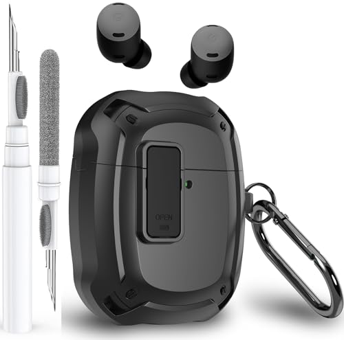 Olytop for Google Pixel Buds Pro 2/Pro Case Cover with Lock Clip & Cleaner Pen 2024/2022 Shockproof Protective Hard Shell Skin with Carabiner Men Women - Black