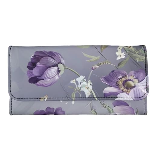 Purple Floral Womens Trifold Wallets Leather Slim Purse,Card Holder Clutch Handbag