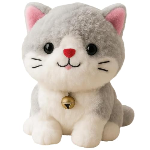 Image of CCute Cat Soft Toy 25 cm | Grey & White Kitty Plush Toy with Bell | Ultra Soft Stuffed Animal for Kids | Kawaii Cat Teddy Doll | Birthday Gift for Boys & Girls
