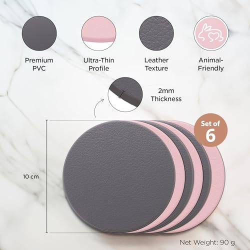 Image of UMAI Tea Coaster Set of 6 with Stand (Dia- 9.8cm, Thick- 2mm)| Coasters for Dinning Table for Hot Pots | Non Slip Mat | Gift for Housewarming | Kitty Party Return Gifts for Women (Grey /Pink)
