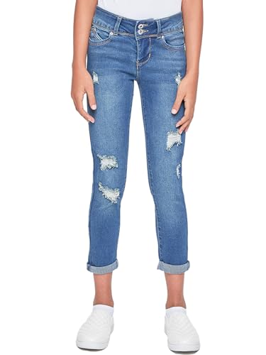 YMI Jeans Girls Sustainable WannaBettaFit 2-Button Double Cuffed Skinny Jeans, Tinted Blue Rips, 10