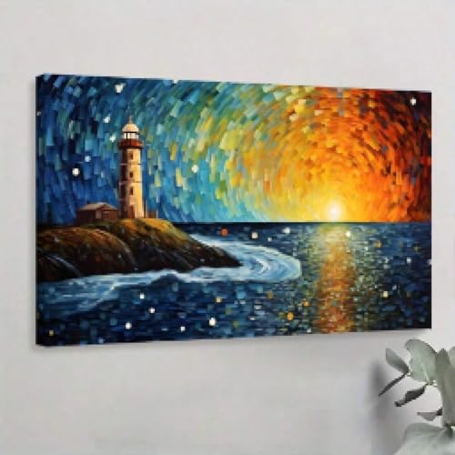 Décoration murale chambre peinture impressionniste phare la nuit
