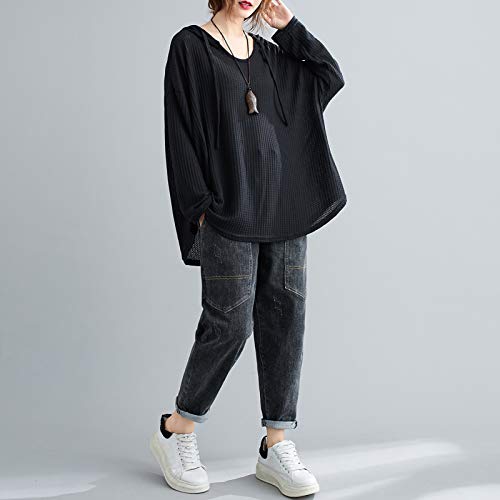 Leeofty Moletom feminino com capuz com cordão manga comprida cor sólida solto moletom com capuz pulô