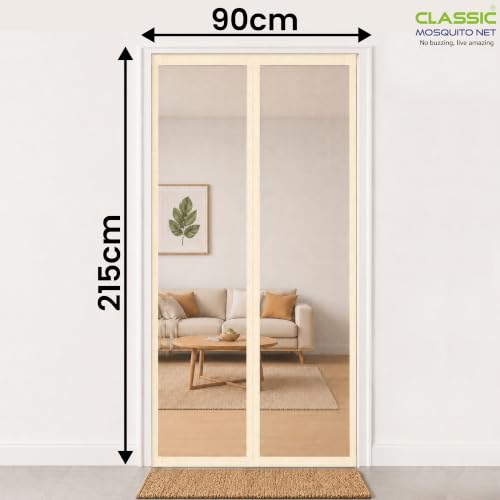 Image of Classic Mosquito Net for Doors with Magnet - Heavy-Duty Fiberglass Mesh | Strong Auto-Close Magnets | Full Frame Hook-&-Loop | DIY Installation for Wooden /UPVC /Marble Doors (215x90 cm, Ivory)