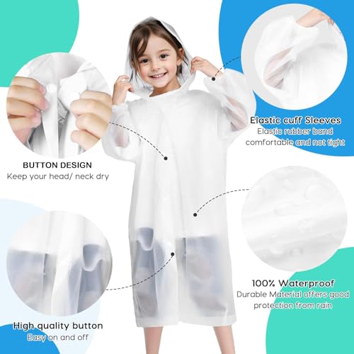 BFONS 2 Pcs Rain Ponchos for Kids Reusable, EVA Raincoats for Boys Girls with Hood and Sleeves, Waterproof Rain Coats Perfect for Camping, Hiking and Travel Outdoor Accessories Blue White4