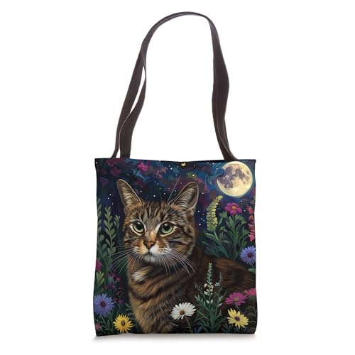Brown Tabby Cat Floral Tote Bag miniatura 1