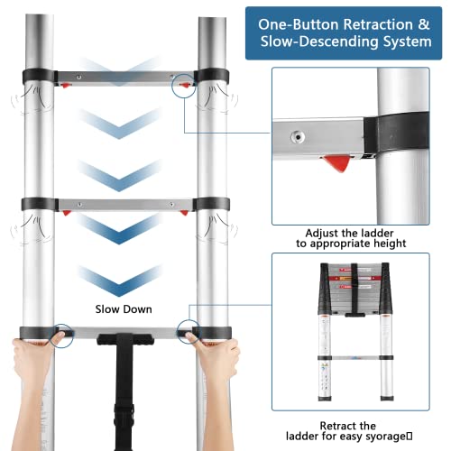 Meanfun Telescoping Ladder, 8.5 Ft One-Button Retraction Stainless Steel Extension Ladder, Safe Slow Down Mechanism Portable Ladder With Ansi Certified For Home Apartment Office Shed, 330 Lb Capacity #TOP4