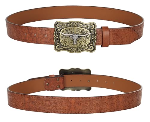 Western-Cowboy-Leather-Belts for Women Turquoise-Oval-Buckle Embossed Cowgirl Belt for Jeans Pants Fit for 27"-41"4
